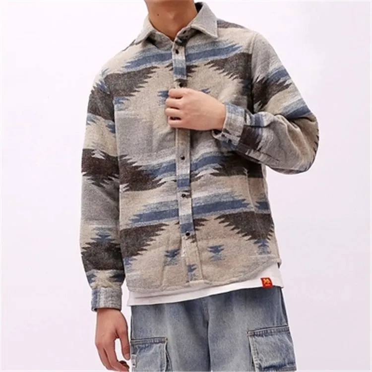 Men Vintage Woolen Leisure Folk Pattern Dress Casual Shirt Coat