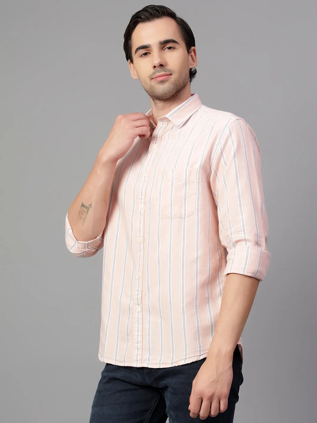 Men's Peach Stripe Full Sleeve Casual Shirt