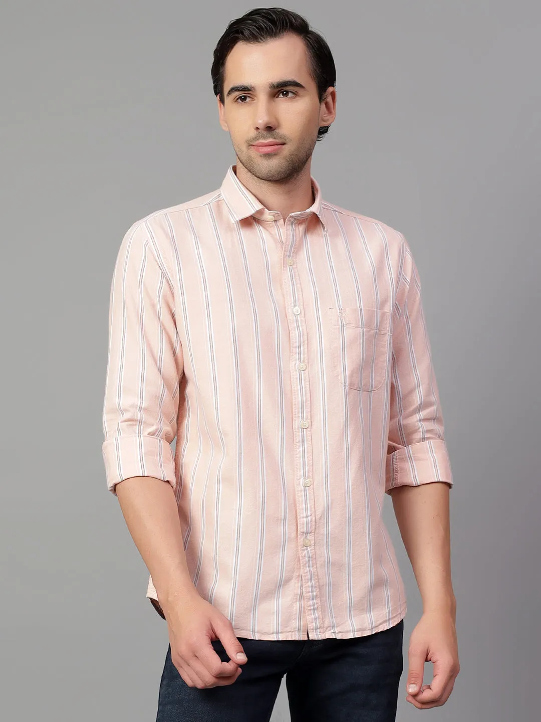 Men's Peach Stripe Full Sleeve Casual Shirt