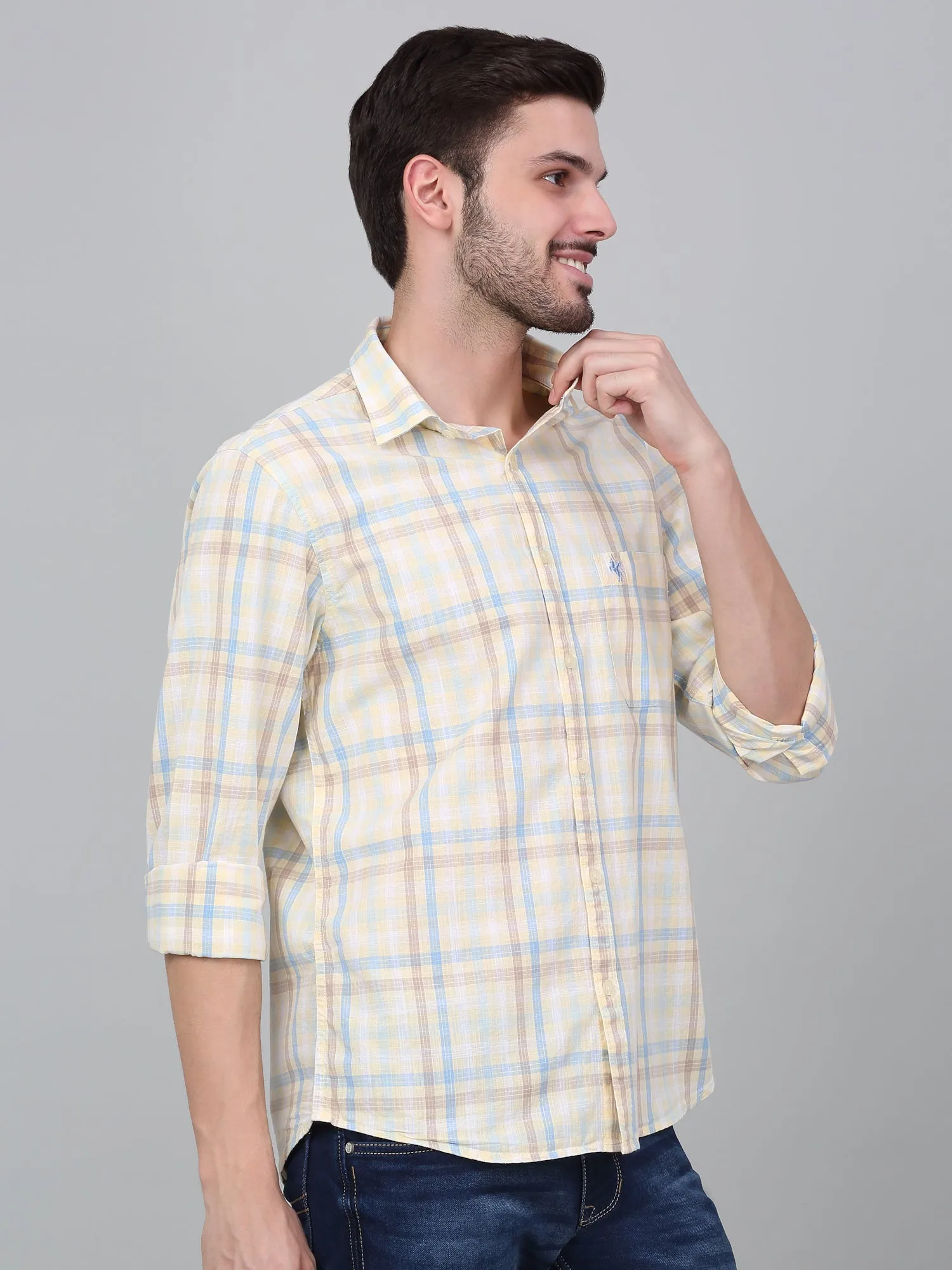 Men's Yellow Checkered Full Sleeve Casual Shirt