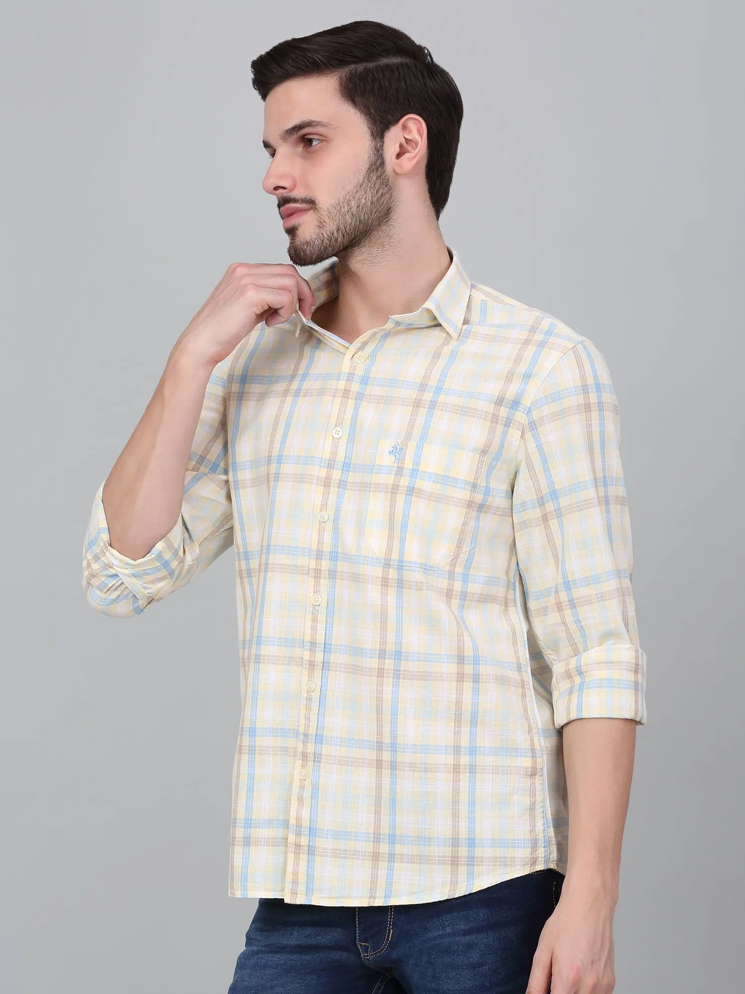 Men's Yellow Checkered Full Sleeve Casual Shirt