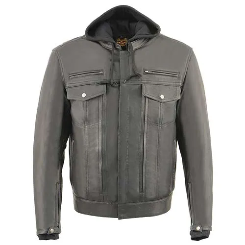 Milwaukee Leather MLM1537 Men's Black Leather ‘Utility Pocket’ Vented Jacket with Removable Hoodie