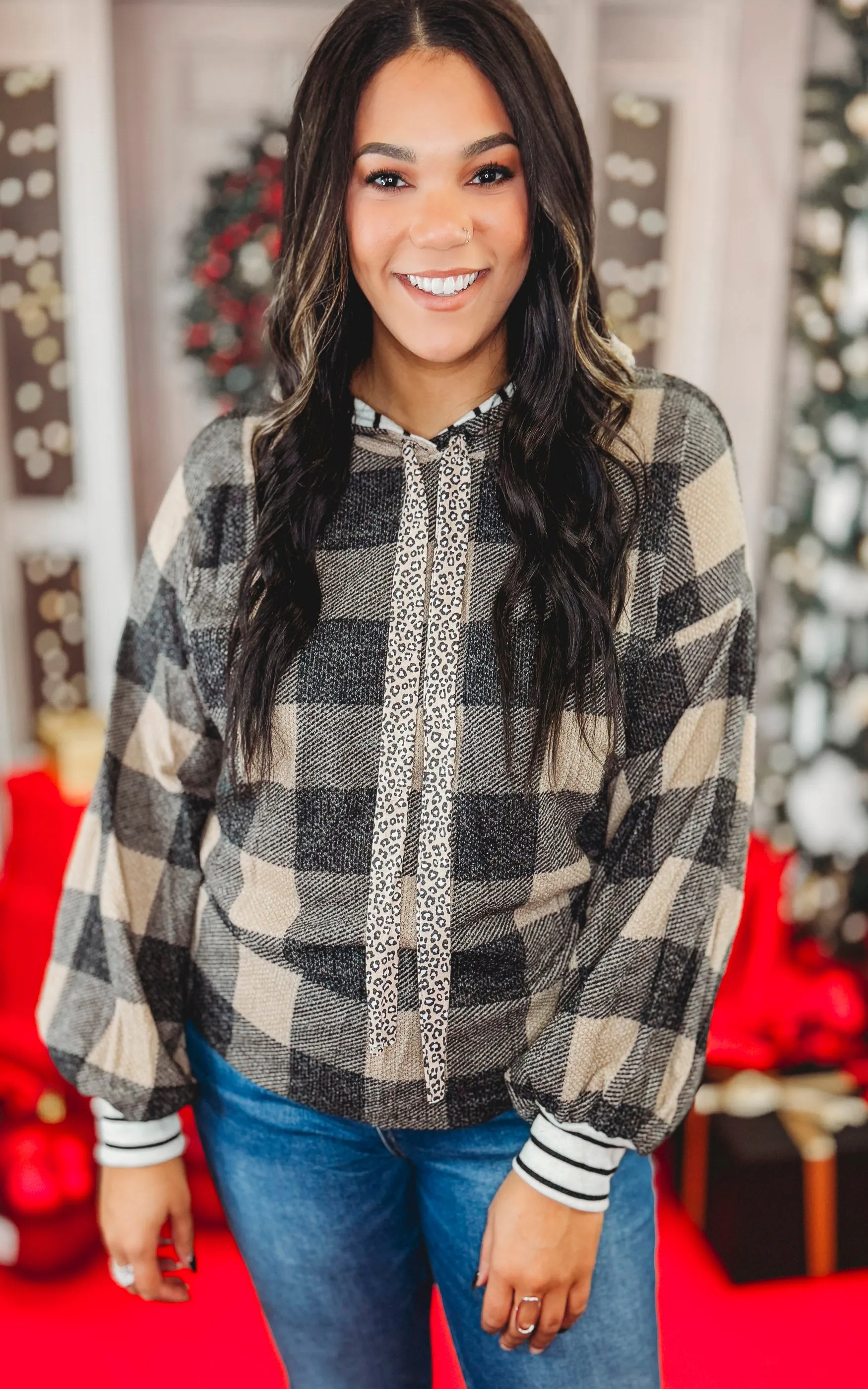 Mocha Buffalo Plaid Drawstring Contrast Hoodie