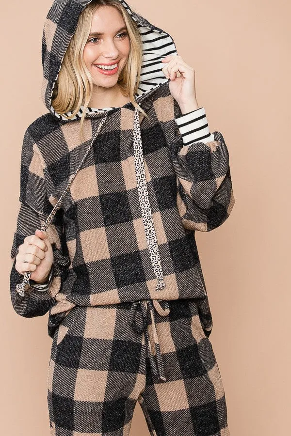 Mocha Buffalo Plaid Drawstring Contrast Hoodie