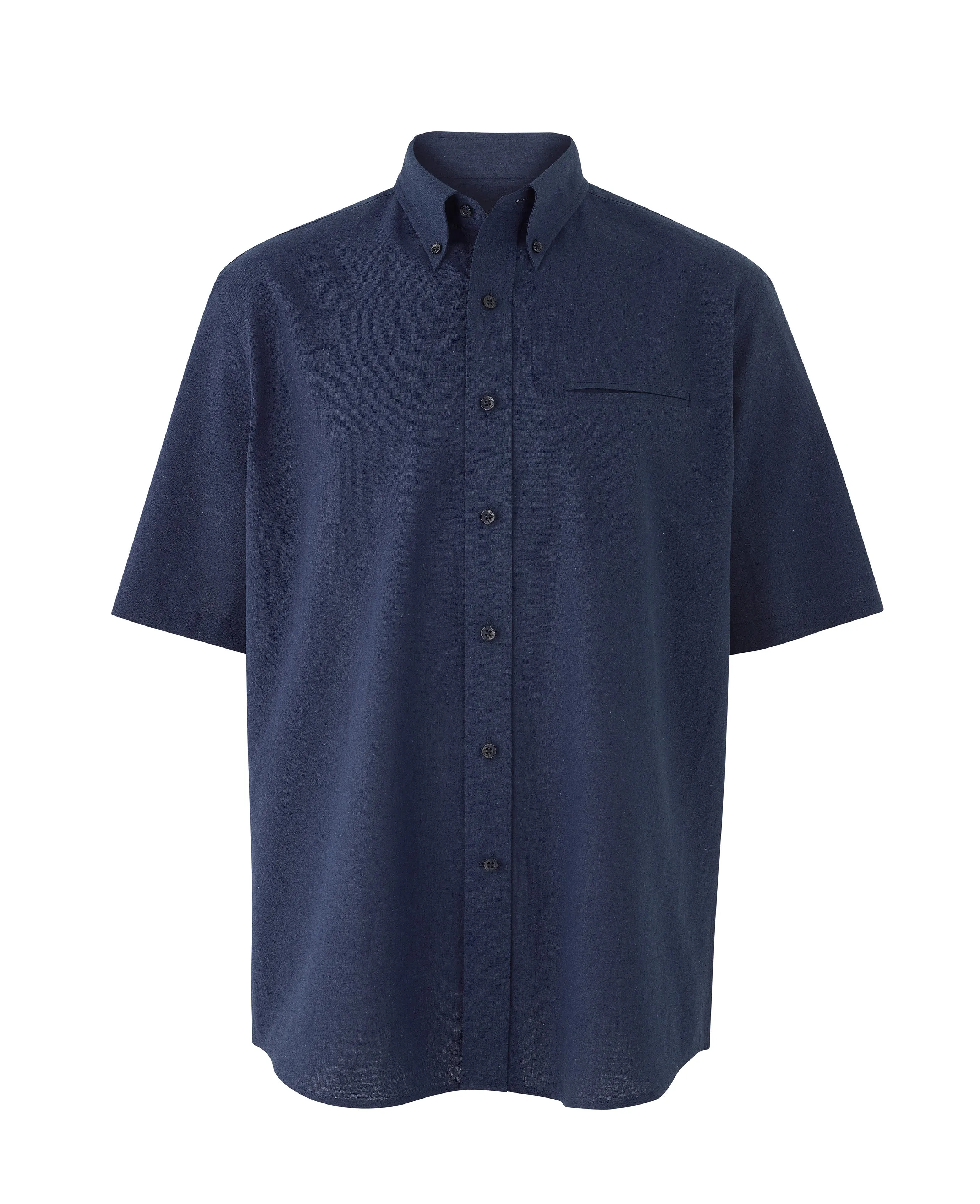 Navy Linen-Blend Classic Fit Short Sleeve Shirt