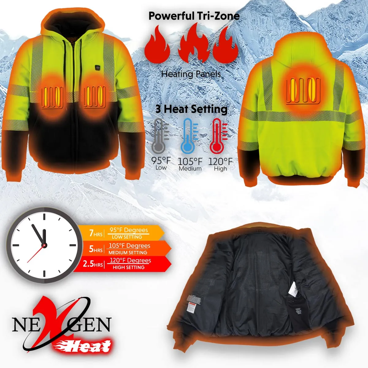 Nexgen Heat MPM1773SET Men's Heated High Visibility Work Hoodie, Neon