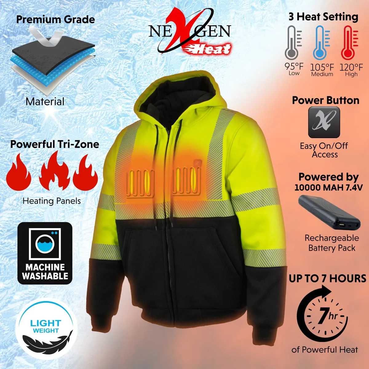 Nexgen Heat MPM1773SET Men's Heated High Visibility Work Hoodie, Neon