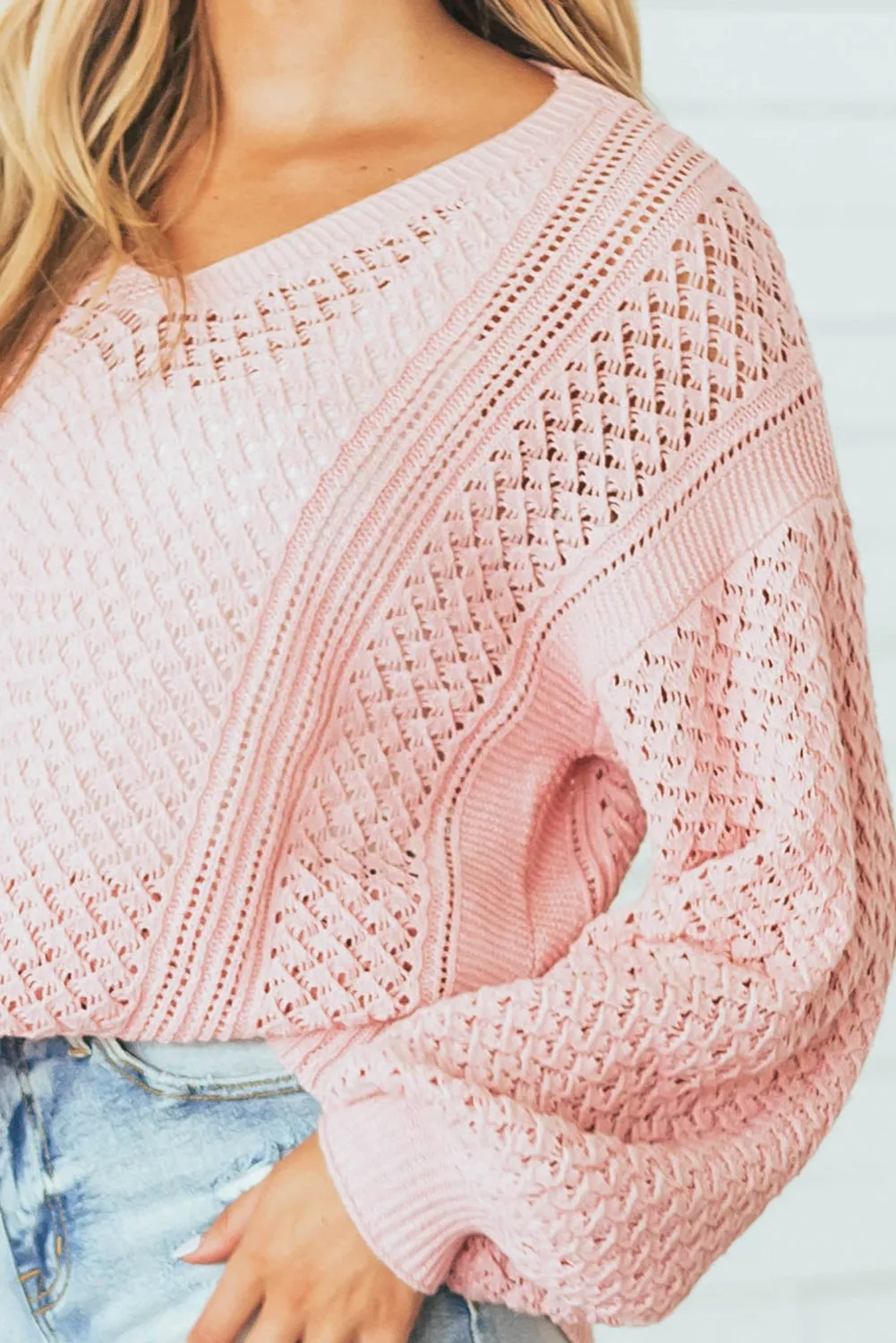 Pink Loose Pointelle Knit Ribbed V Neck Sweater