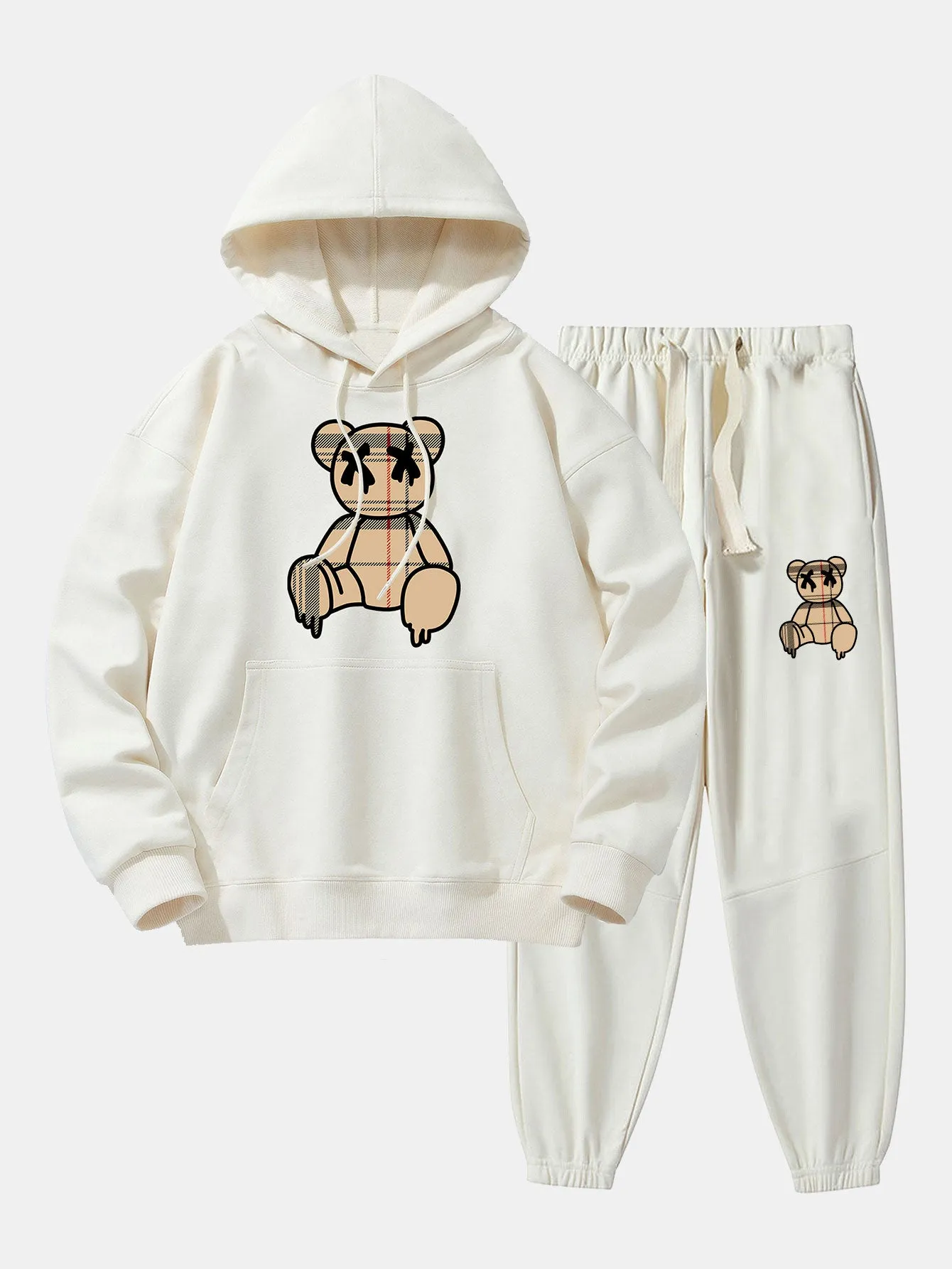 Plaid Pattern Dissolving Bear Print Drop Shoulder Relaxed Hoodie & Jogger Pants