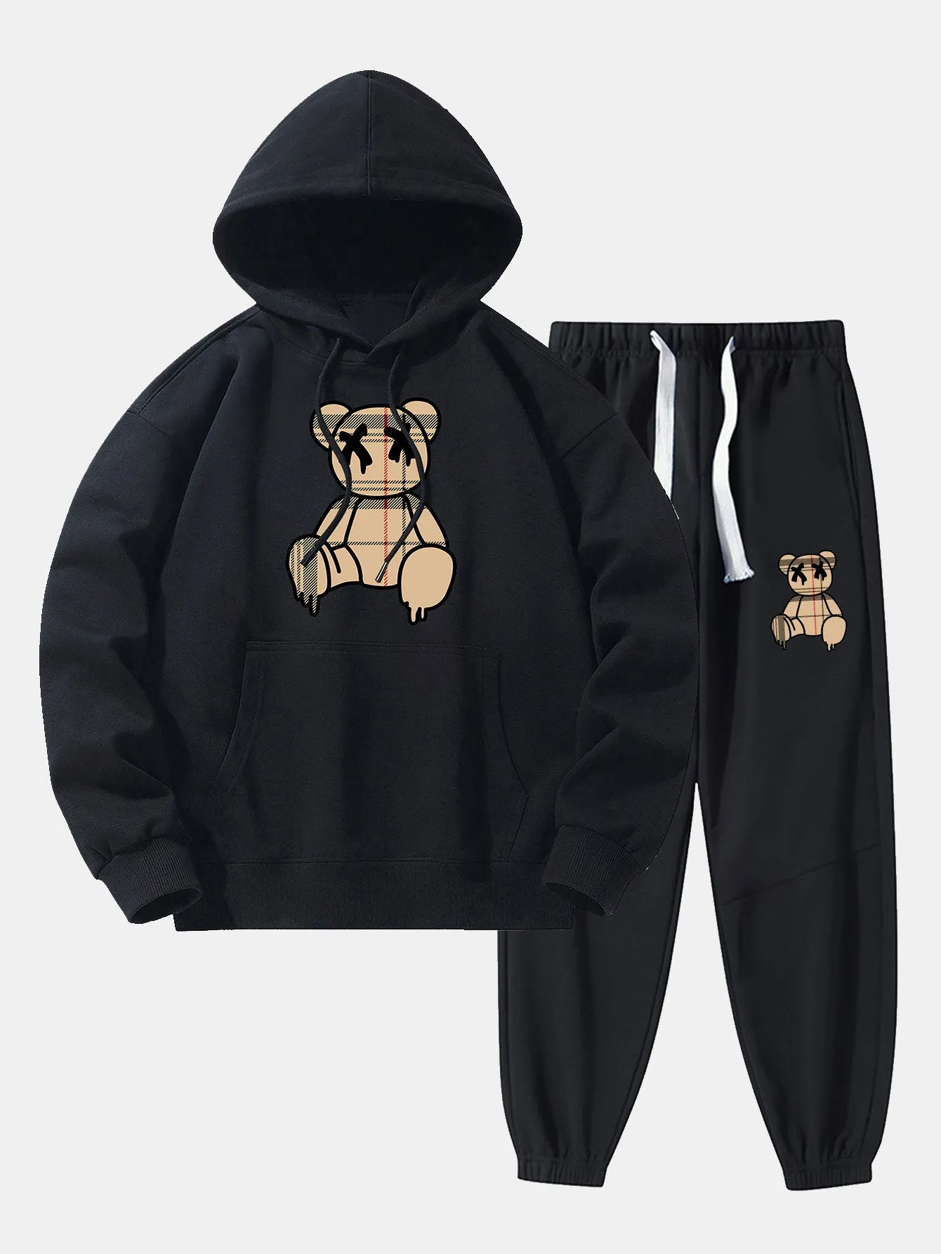 Plaid Pattern Dissolving Bear Print Drop Shoulder Relaxed Hoodie & Jogger Pants