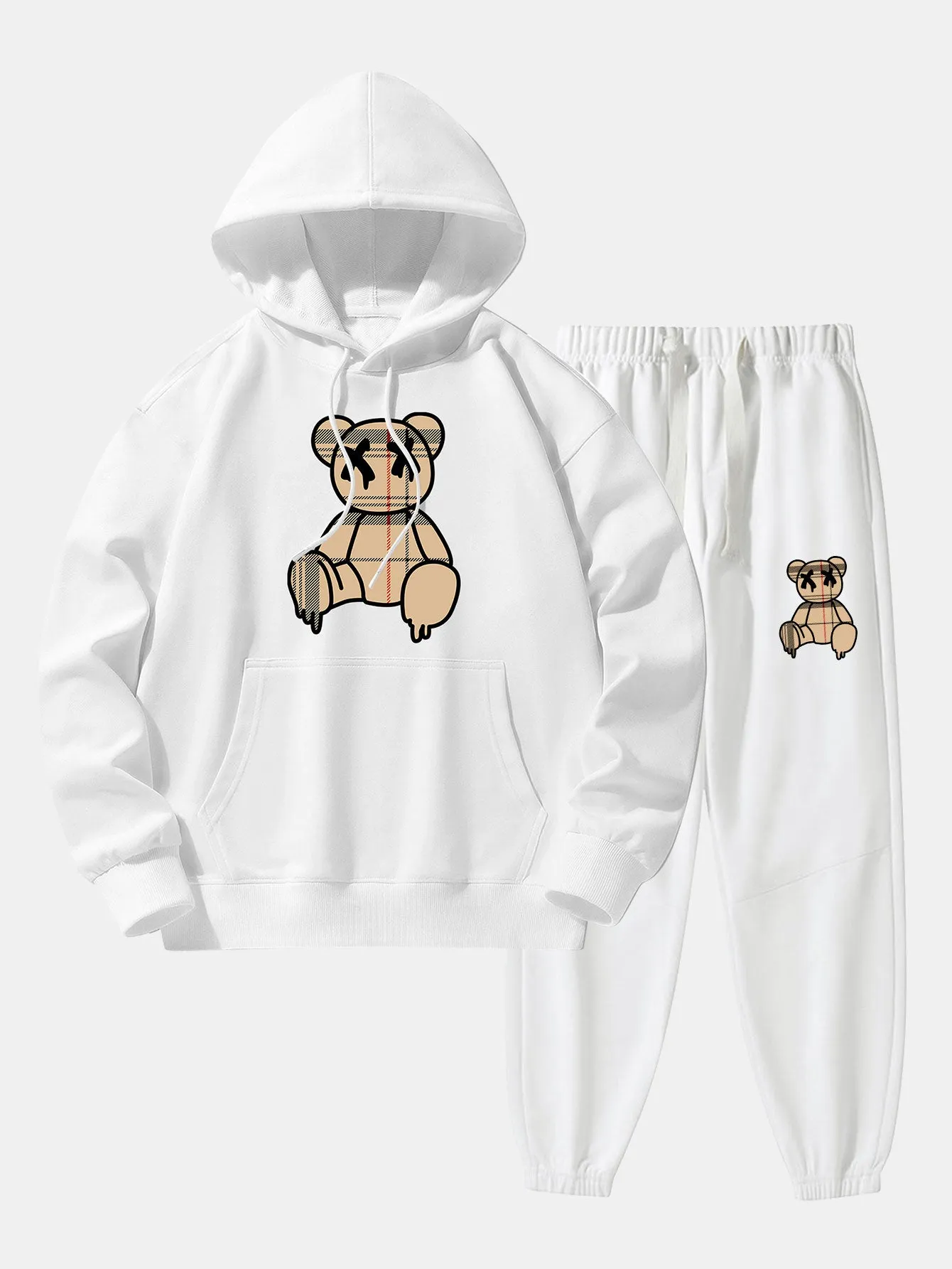 Plaid Pattern Dissolving Bear Print Drop Shoulder Relaxed Hoodie & Jogger Pants