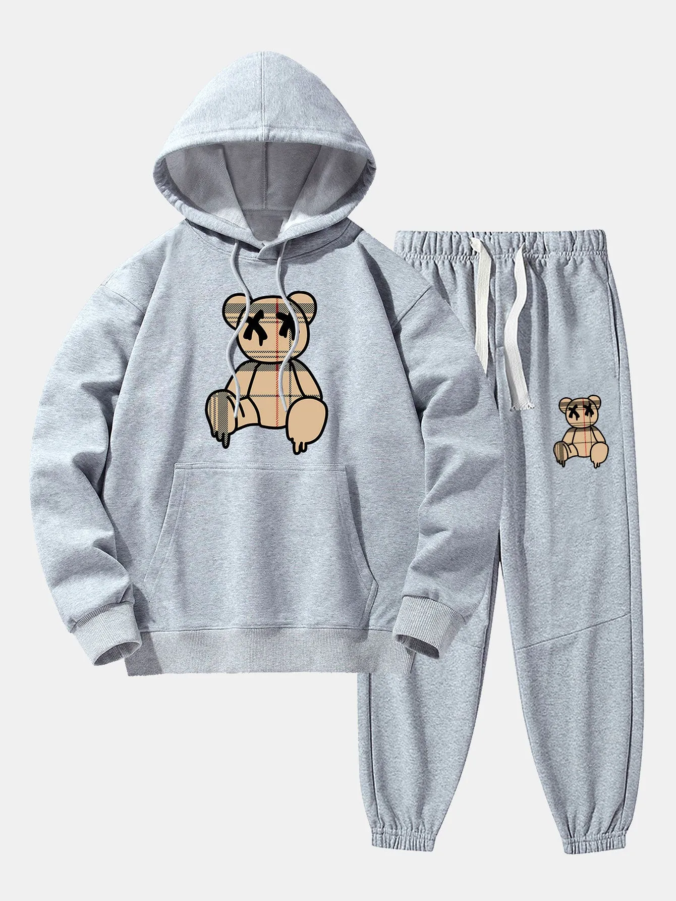 Plaid Pattern Dissolving Bear Print Drop Shoulder Relaxed Hoodie & Jogger Pants