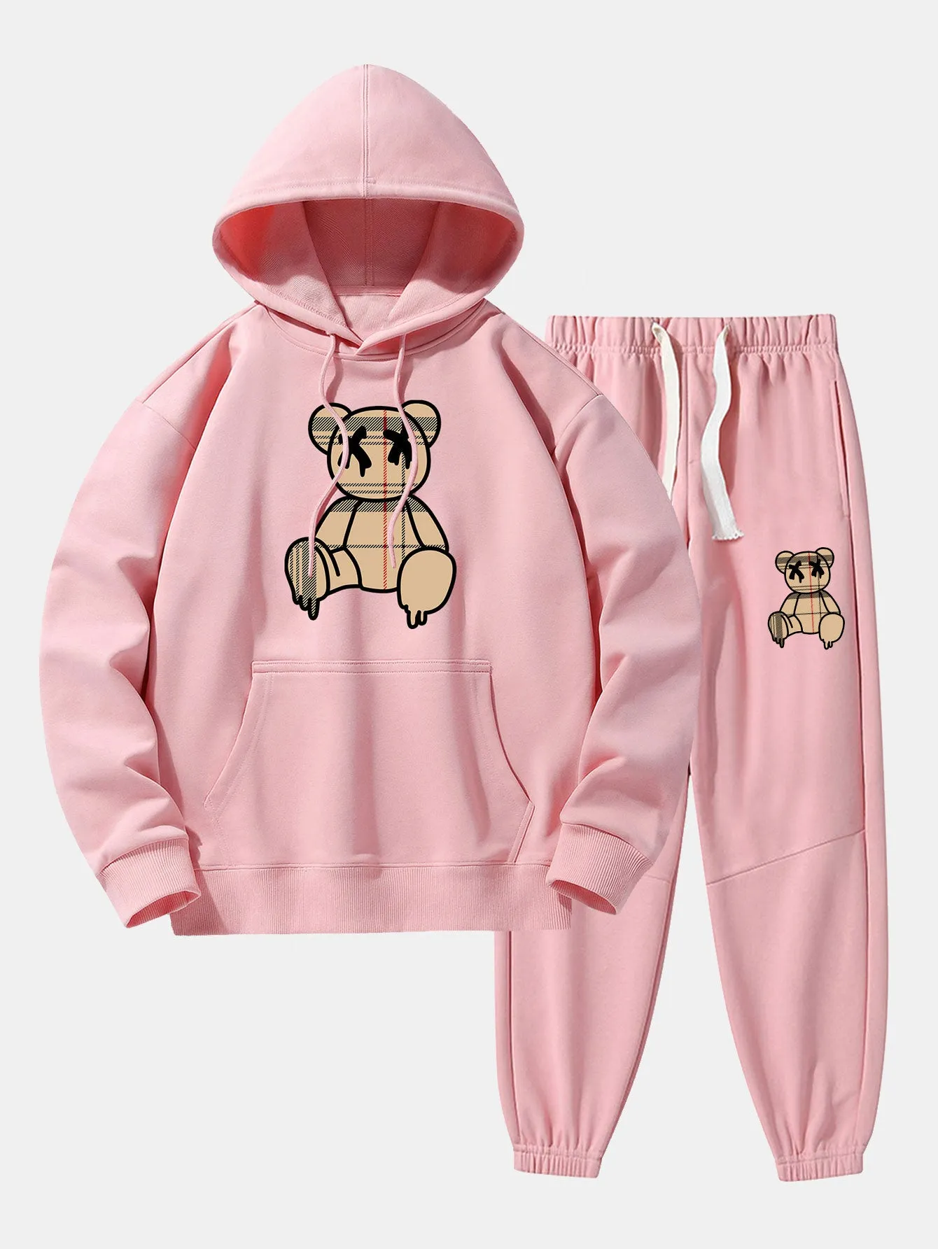 Plaid Pattern Dissolving Bear Print Drop Shoulder Relaxed Hoodie & Jogger Pants