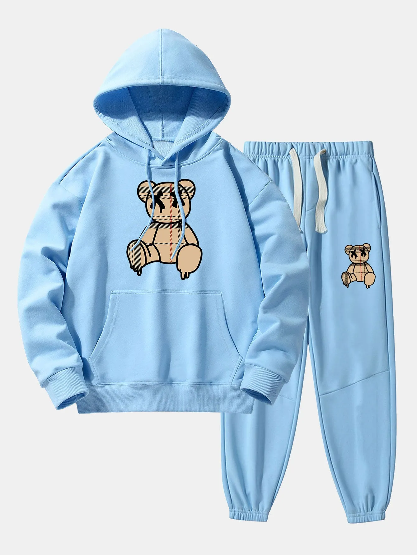 Plaid Pattern Dissolving Bear Print Drop Shoulder Relaxed Hoodie & Jogger Pants