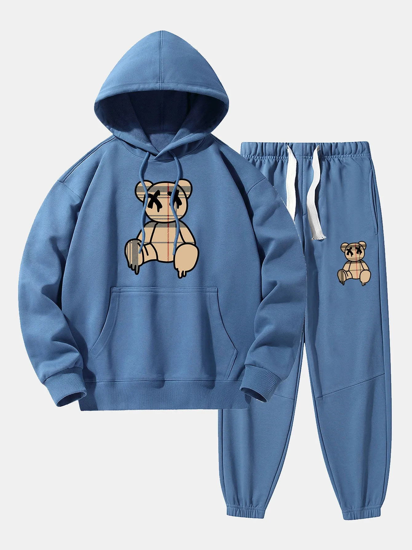 Plaid Pattern Dissolving Bear Print Drop Shoulder Relaxed Hoodie & Jogger Pants