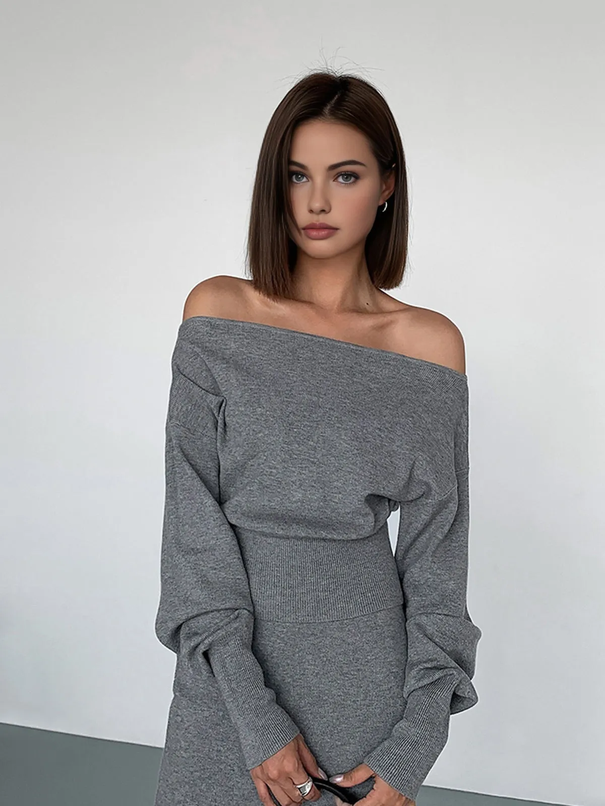 Solid Off-Shoulder Graceful Plain Sweater