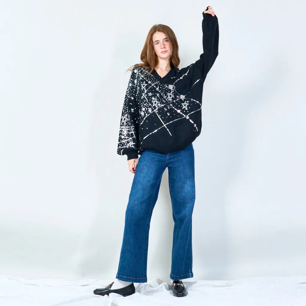 Starry sequin v-neck oversized sweater wholesale