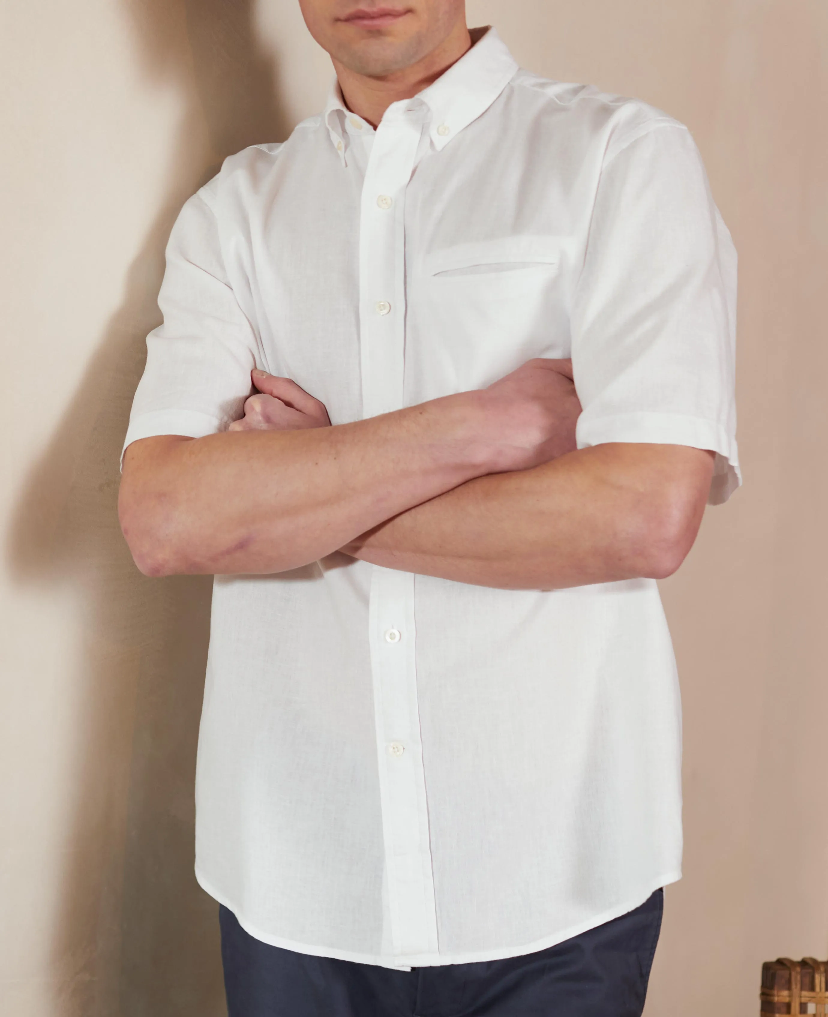 White Linen-Blend Classic Fit Short Sleeve Shirt