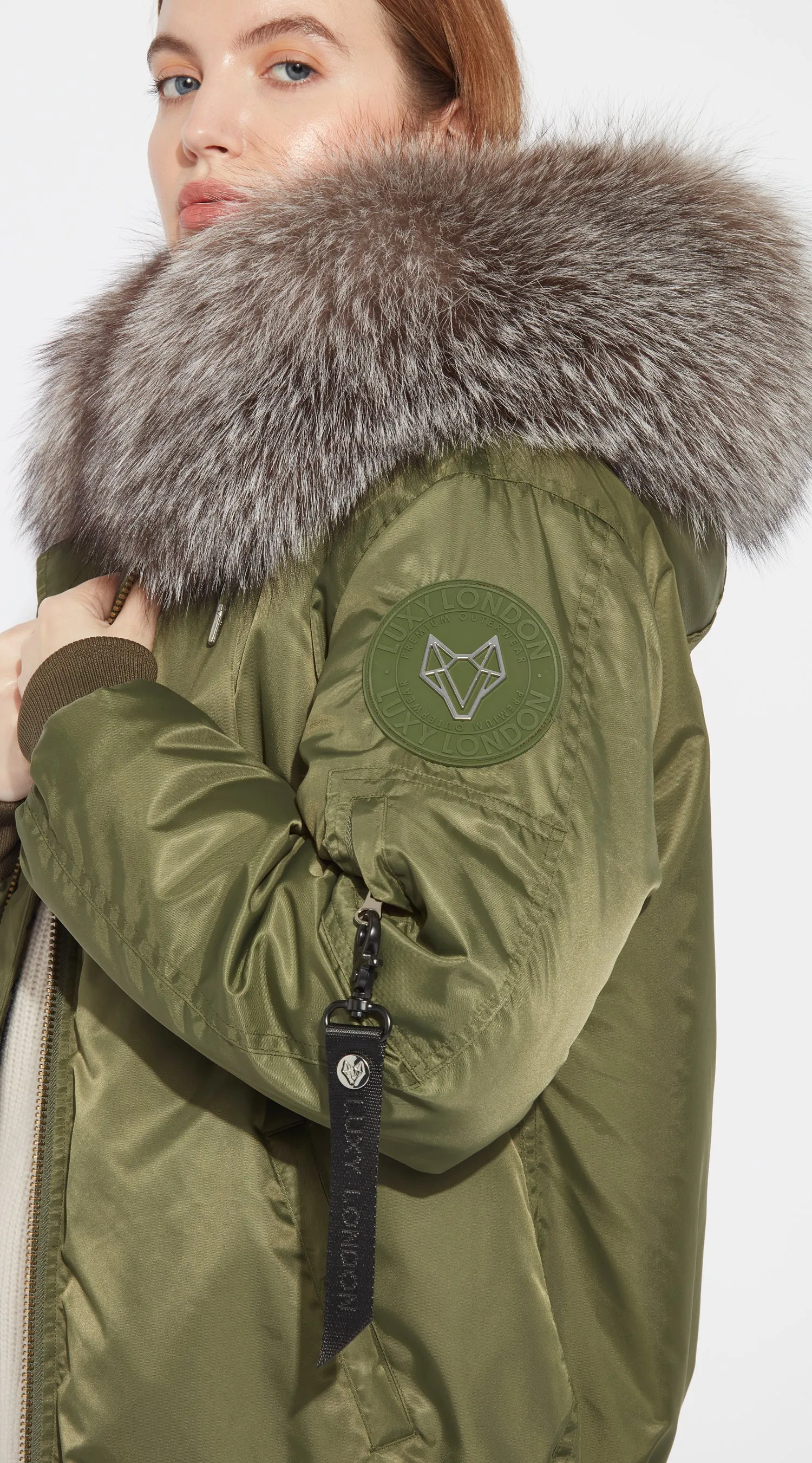 Womens Khaki Luxy Fur Bomber - Silver Frost Fox