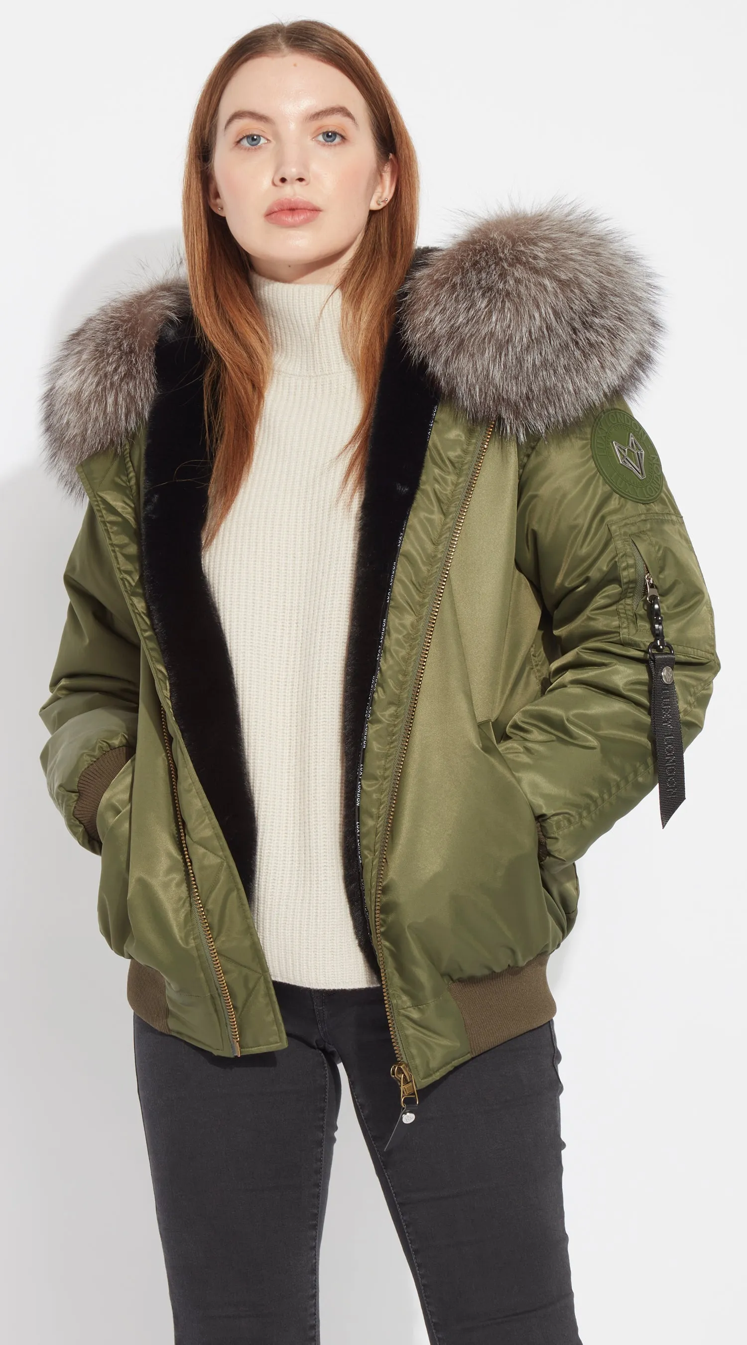 Womens Khaki Luxy Fur Bomber - Silver Frost Fox