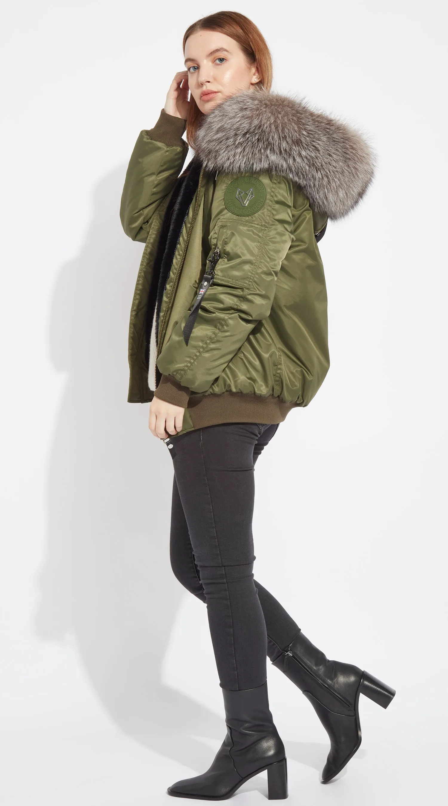 Womens Khaki Luxy Fur Bomber - Silver Frost Fox