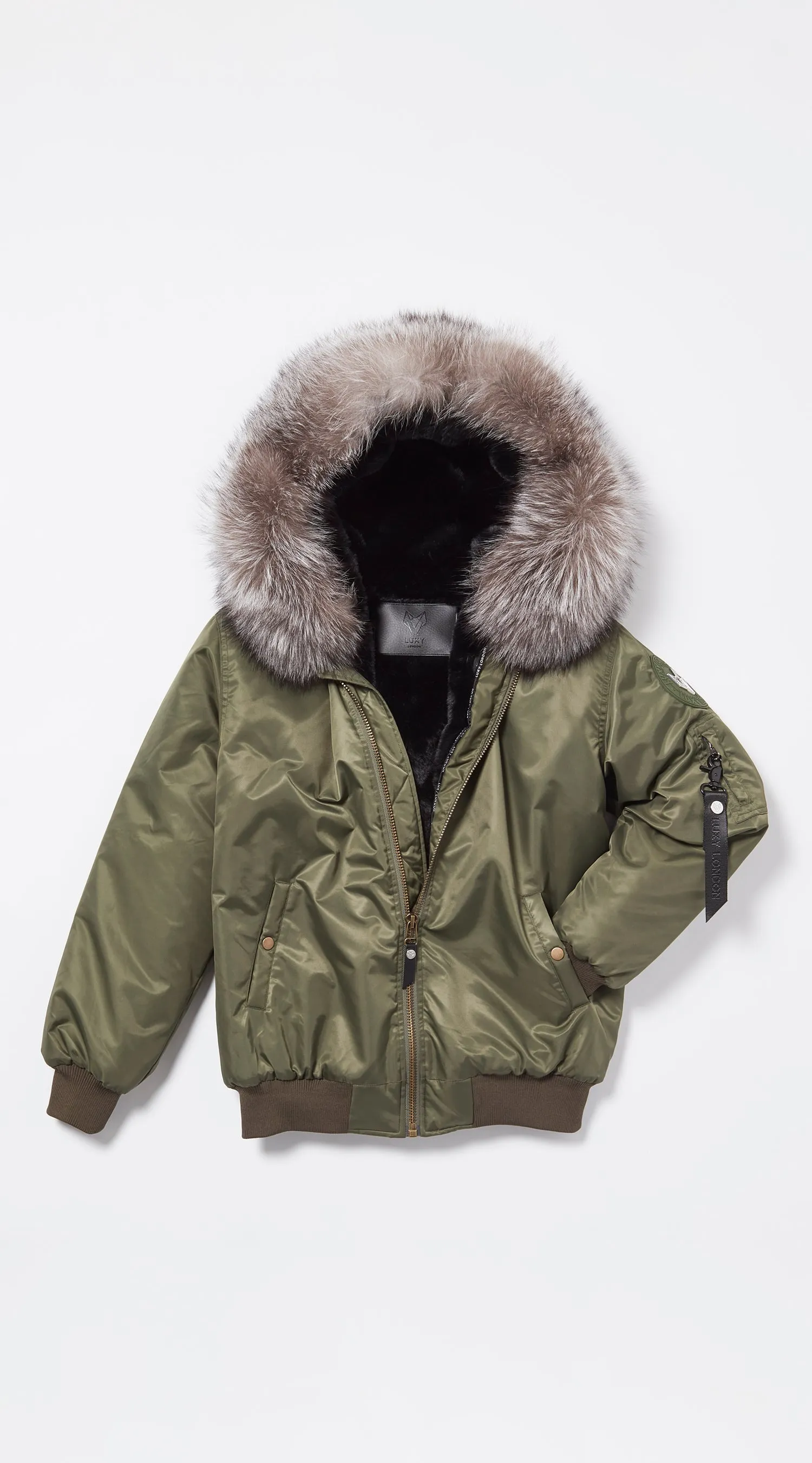 Womens Khaki Luxy Fur Bomber - Silver Frost Fox