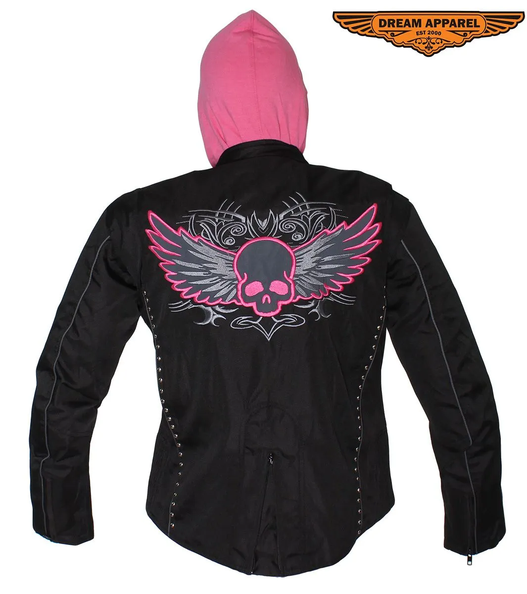 Women's Studed Motorcycle Textile Jacket With Pink Hoodie & Sull & Wings